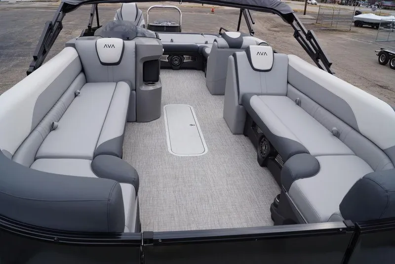 Slide: The Image of 2026 Avalon Catalina Versatile Rear Bench boat interior with spacious seating and modern design. - 9