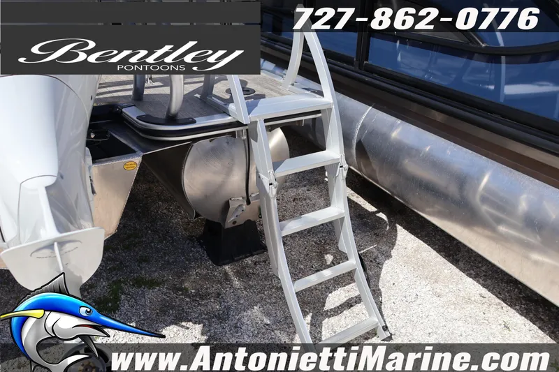 Slide: The Image of Bentley Pontoons Legacy 203 Swingback 2026 with ladder, displayed at Antonietti Marine. - 12