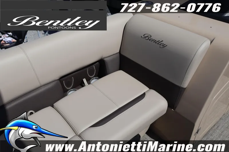 Slide: The Image of 2026 Bentley Pontoons Legacy 203 Swingback seating with logo, showcased by Antonietti Marine. - 14