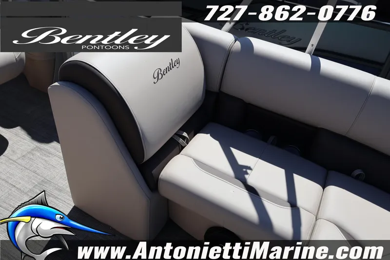 Slide: The Image of 2026 Bentley Pontoons Legacy 203 Swingback interior with logo and contact details. - 15