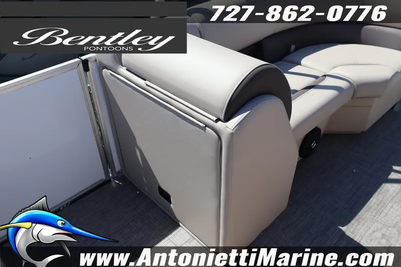 Slide: The Image of 2026 Bentley Pontoons Legacy 203 Swingback interior with plush seating, showcased by Antonietti Marine. - 22