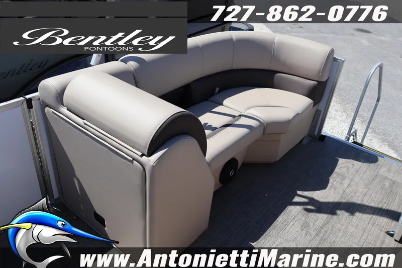 Slide: The Image of 2026 Bentley Pontoons Legacy 203 Swingback with luxurious seating, showcased by Antonietti Marine. - 25