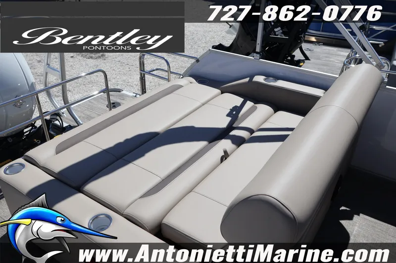 Slide: The Image of 2026 Bentley Pontoons Legacy 203 Swingback with luxurious seating, showcased by Antonietti Marine. - 29