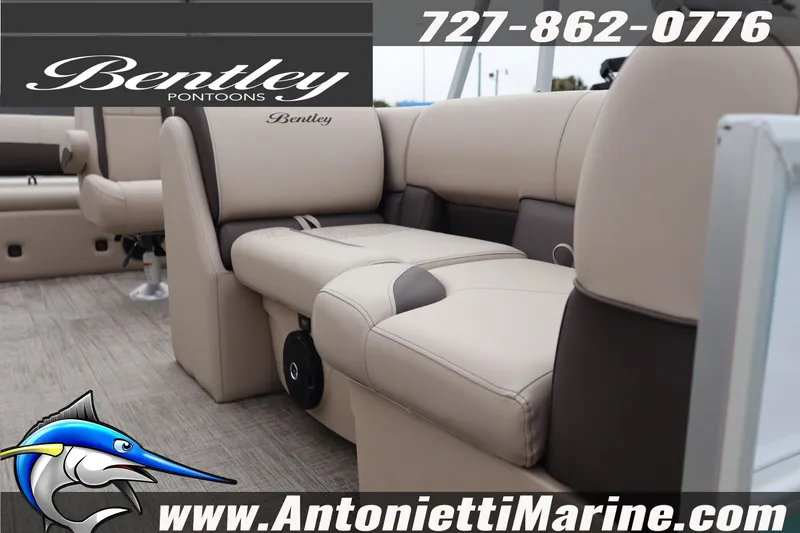 Slide: The Image of 2026 Bentley Pontoons Legacy 203 Swingback interior with luxurious seating, showcased by Antonietti Marine. - 3