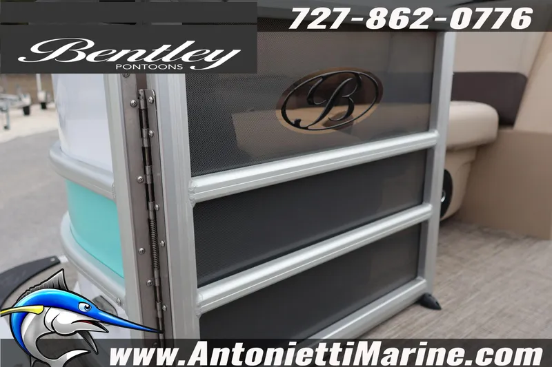 Slide: The Image of 2026 Bentley Pontoons Legacy 203 Swingback, featuring sleek design and branding details. - 4