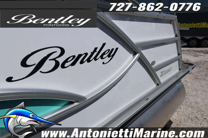 Slide: The Image of 2026 Bentley Pontoons Legacy 203 Swingback boat with branding and contact details. - 8