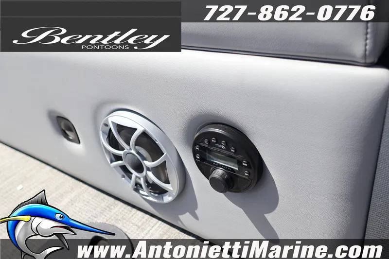 Slide: The Image of 2026 Bentley Pontoons Elite 253 Swingback audio system and speaker detail. - 14
