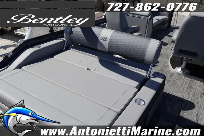 Slide: The Image of 2026 Bentley Pontoons Elite 253 Swingback with luxurious seating, showcased by Antonietti Marine. - 15