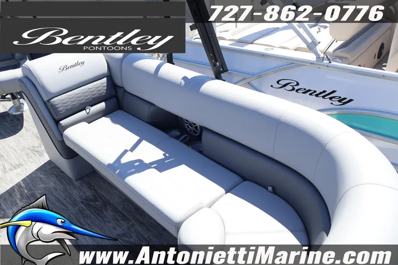 Slide: The Image of Luxurious seating on 2026 Bentley Pontoons Elite 253 Swingback, showcased by Antonietti Marine. - 17