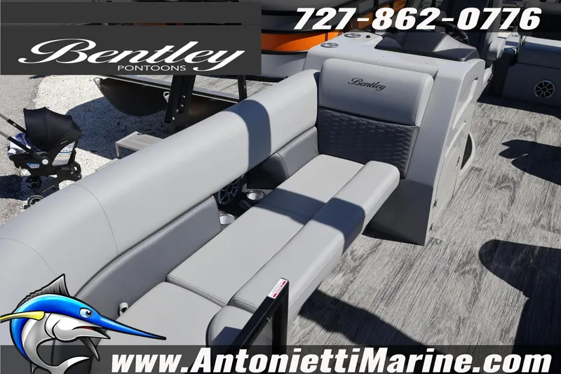 Slide: The Image of 2026 Bentley Pontoons Elite 253 Swingback with luxurious seating, showcased by Antonietti Marine. - 18