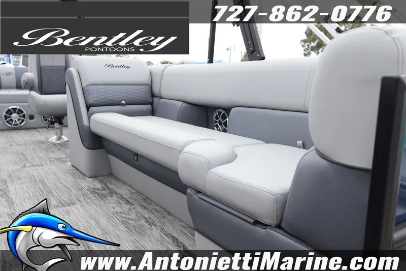 Slide: The Image of 2026 Bentley Pontoons Elite 253 Swingback interior with plush seating and modern design. - 3