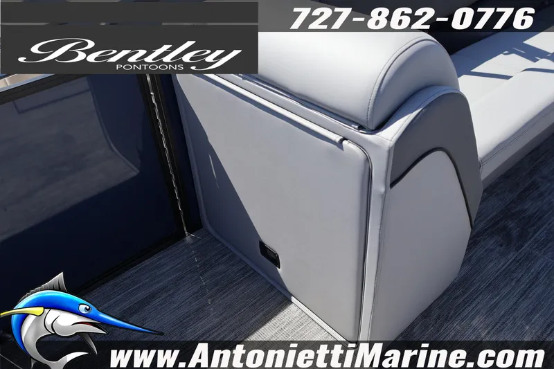Slide: The Image of 2026 Bentley Pontoons Elite 253 Swingback interior detail with contact information. - 30