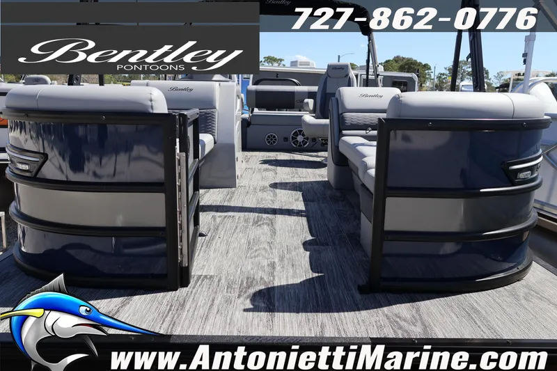 Slide: The Image of 2026 Bentley Pontoons Elite 253 Swingback with luxurious seating, showcased by Antonietti Marine. - 7