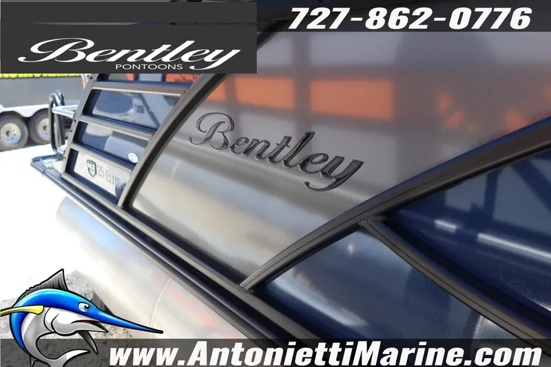 Slide: The Image of 2026 Bentley Pontoons Elite 253 Swingback, featuring sleek design and branding details. - 9