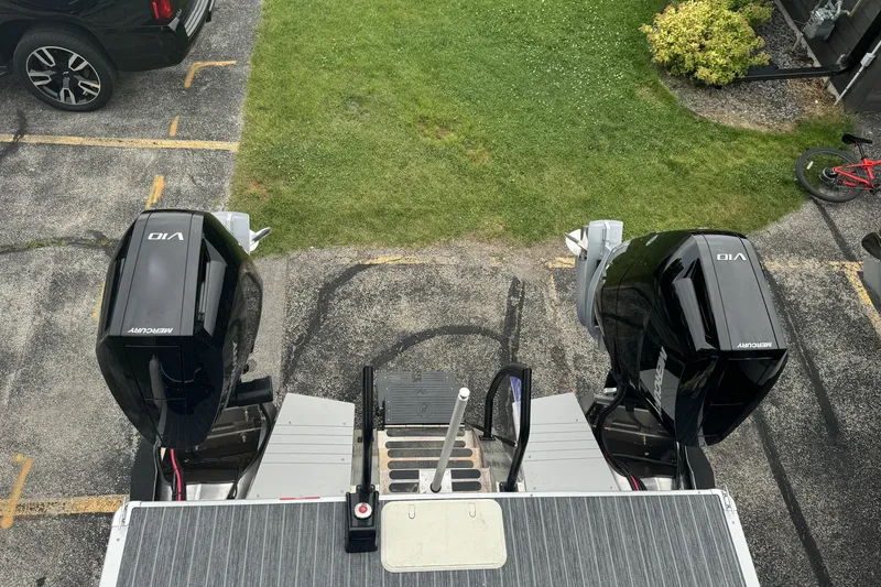 Slide: The Image of Overhead view of dual Mercury outboard motors on a Premier Escalante 2026 boat. - 48