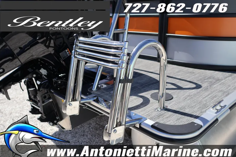 Slide: The Image of 2026 Bentley Pontoons Bolt 223 with stainless steel ladder and marine flooring. - 11