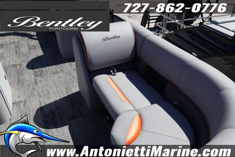 Slide: The Image of 2026 Bentley Pontoons Bolt 223 interior with gray and orange seating, Antonietti Marine branding. - 13