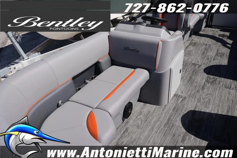 Slide: The Image of 2026 Bentley Pontoons Bolt 223 interior with gray and orange seating, showcased by Antonietti Marine. - 14