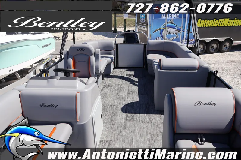 Slide: The Image of 2026 Bentley Pontoons Bolt 223 interior with gray seating, displayed at Antonietti Marine. - 15