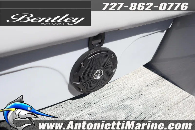 Slide: The Image of 2026 Bentley Pontoons Bolt 223 speaker detail, featuring marine audio system. - 19