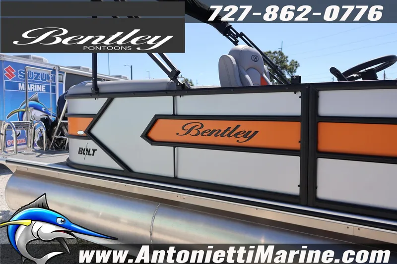 Slide: The Image of 2026 Bentley Pontoons Bolt 223, sleek design, displayed at Antonietti Marine dealership. - 7
