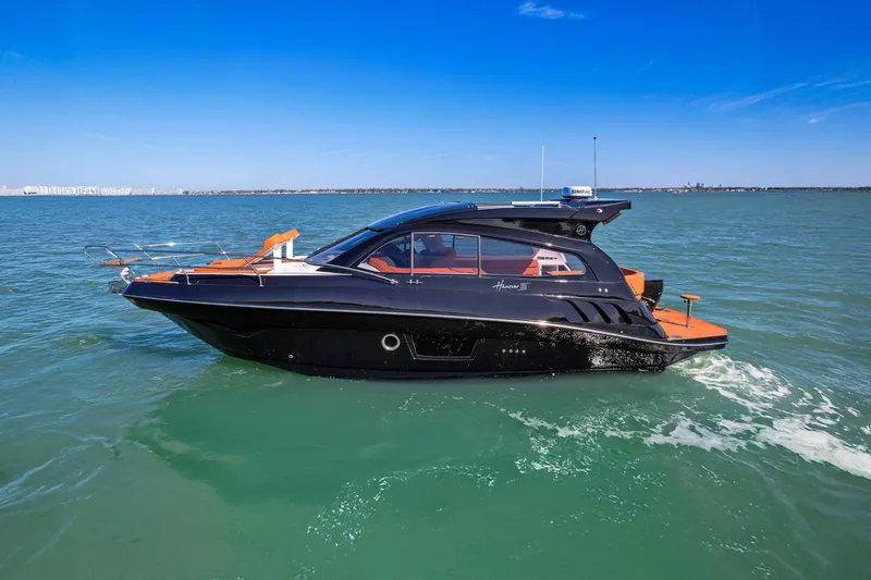 Slide: The Image of Luxurious Hanover 355 yacht 2026 on open sea. - 12