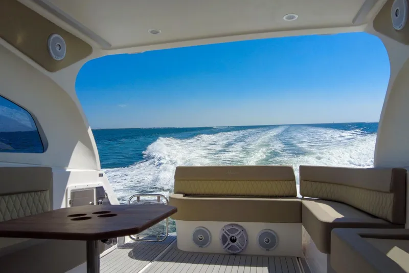 Slide: The Image of Interior view of 2026 Hanover 375 yacht cruising on open sea. - 125