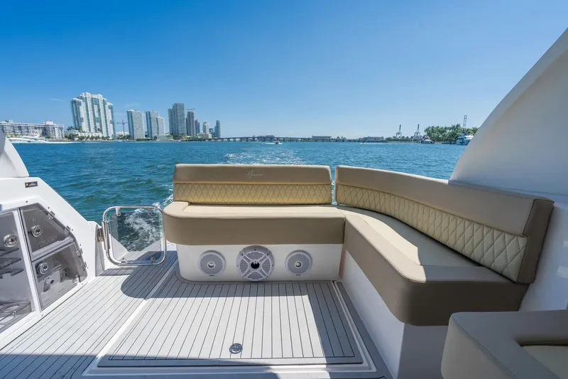 Slide: The Image of Luxurious Hanover 375 yacht interior with city skyline and ocean view, 2026 model. - 70