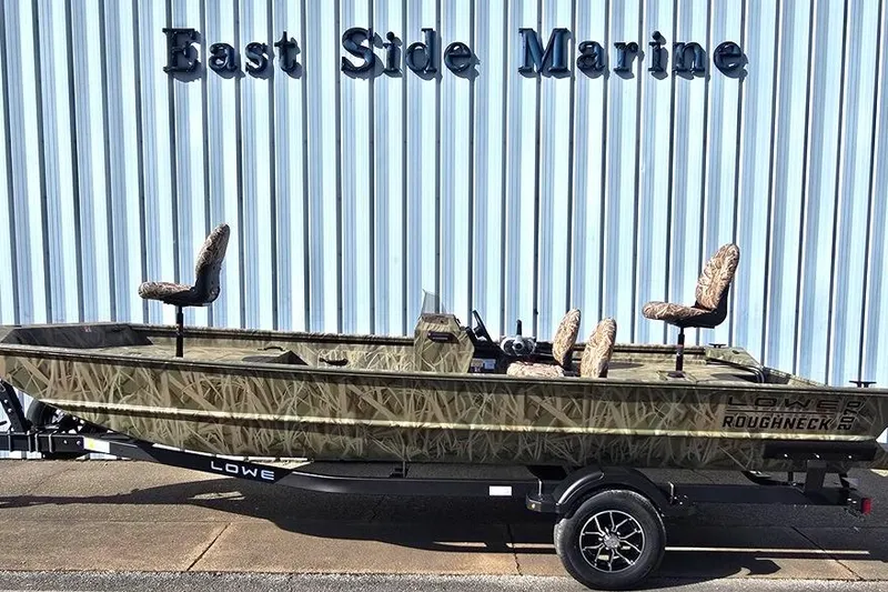 Slide: The Image of 2026 Lowe Roughneck RX2070 SC boat with camouflage design at East Side Marine. - 10