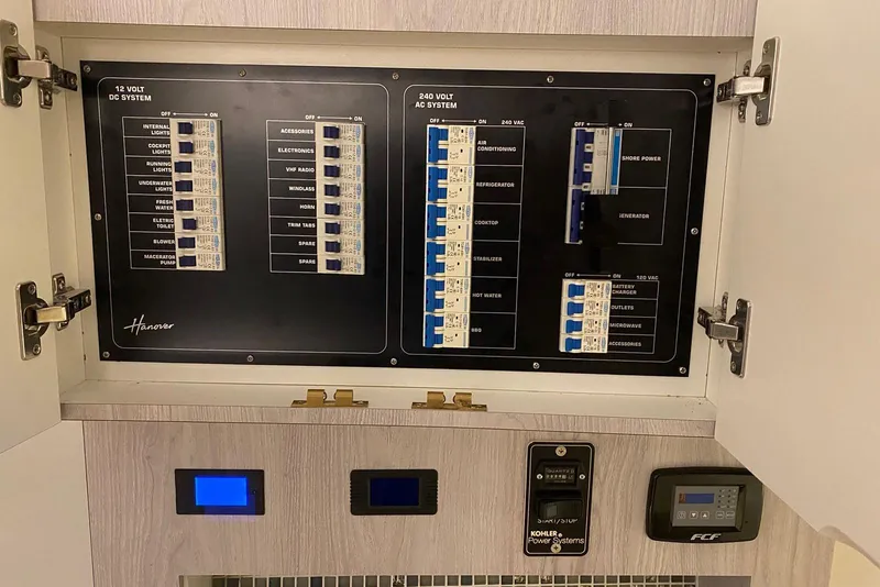 Slide: The Image of Electrical panel of a 2026 Hanover 375, featuring 12V DC and 240V AC systems. - 19
