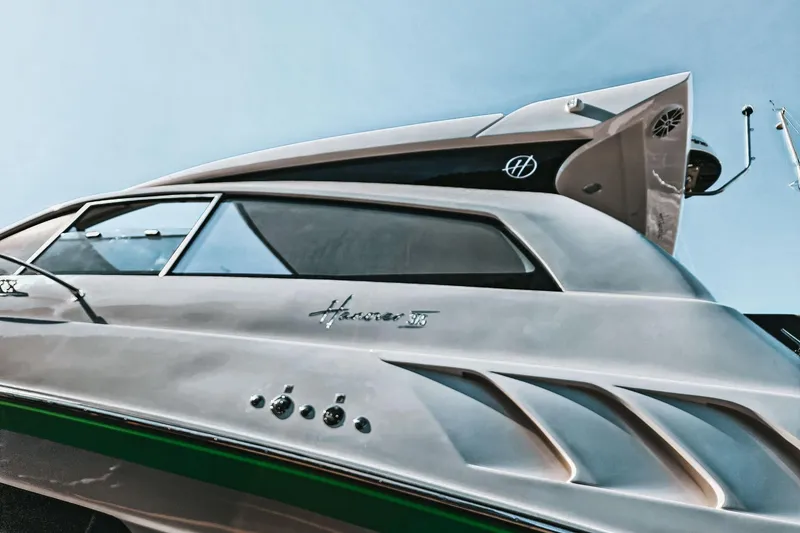 Slide: The Image of Luxury Hanover 375 yacht, 2026 model, sleek design under clear blue sky. - 4