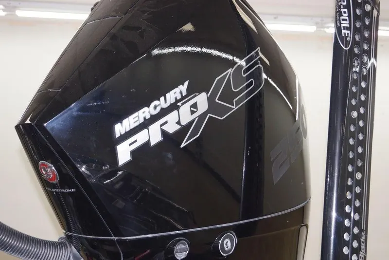 Slide: The Image of Mercury Pro XS engine on 2020 Bass Cat Lynx boat, close-up view. - 3