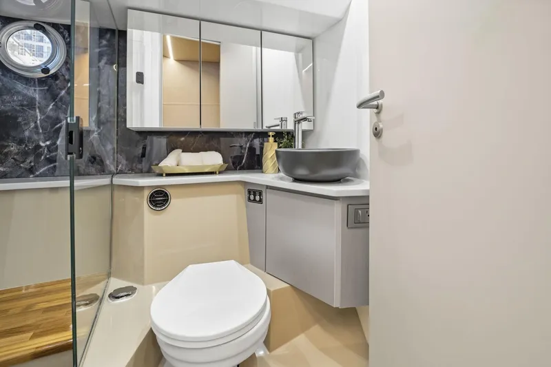 Slide: The Image of Modern bathroom interior on Hanover 447 yacht, 2026 model, featuring sleek design and elegant fixtures. - 56