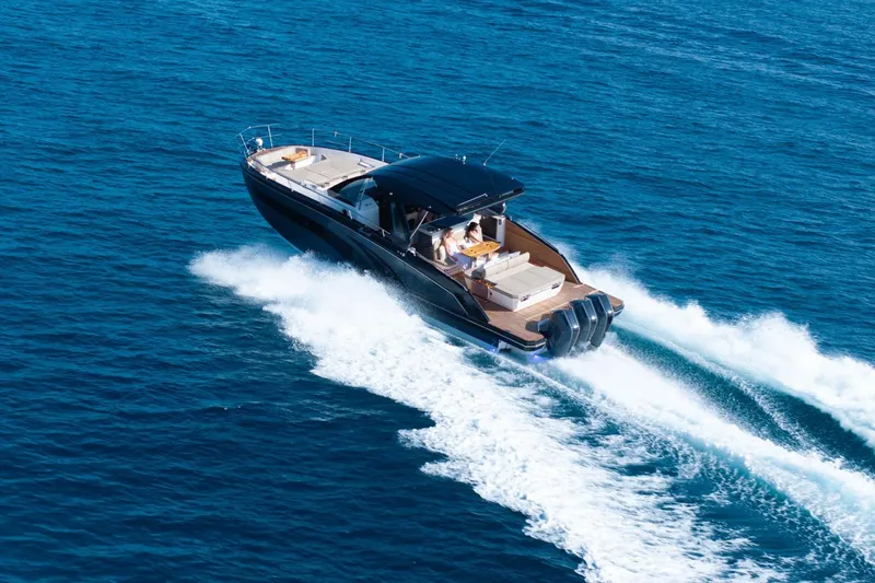 Slide: The Image of 2026 Hanover 447 yacht cruising on open blue sea, showcasing luxury and speed. - 9