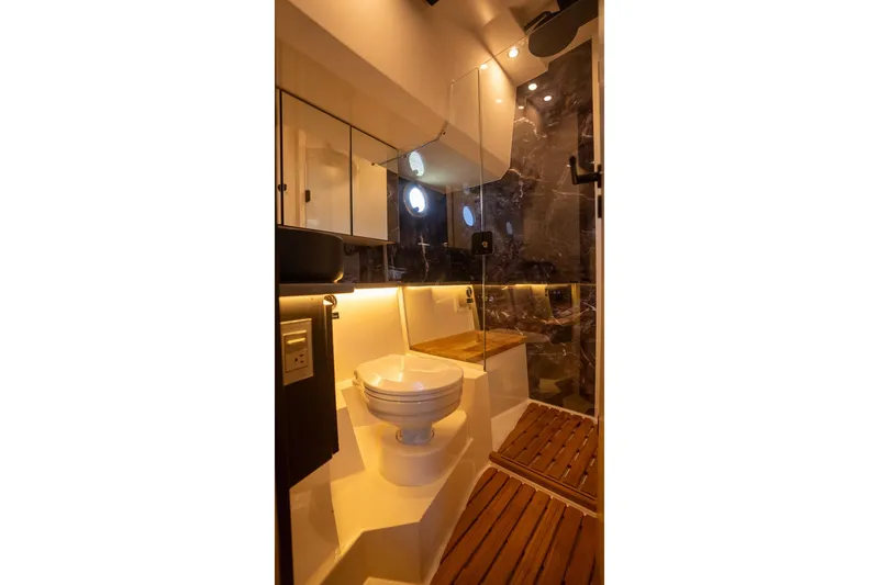 Slide: The Image of Luxurious bathroom in 2026 Hanover 447 model yacht with modern fixtures and elegant design. - 19