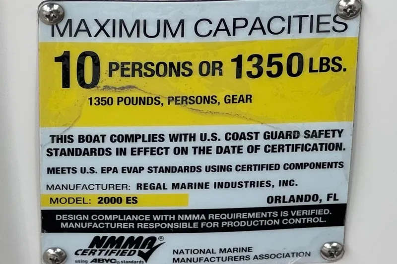Slide: The Image of Capacity label for 2017 Regal 2000 ESX Bowrider, 10 persons or 1350 lbs, NMMA certified. - 30
