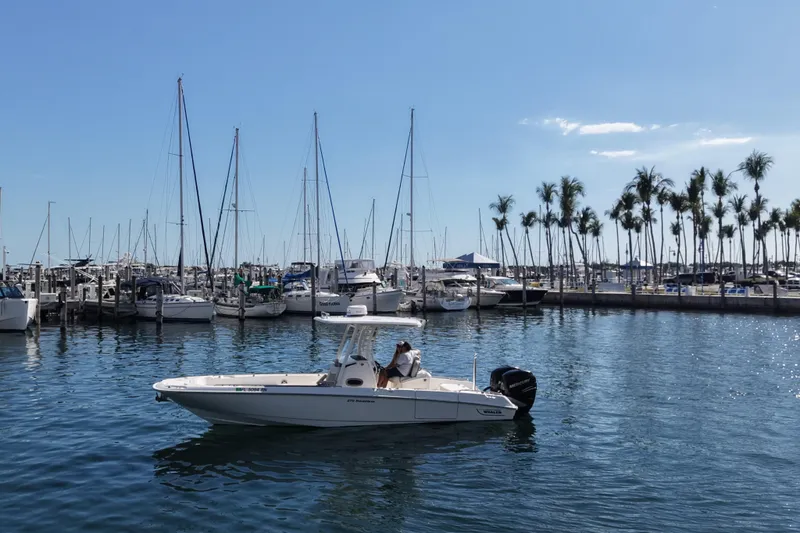 Slide: The Image of 2018 Boston Whaler 270 Dauntless boat in marina with sailboats and palm trees. - 2