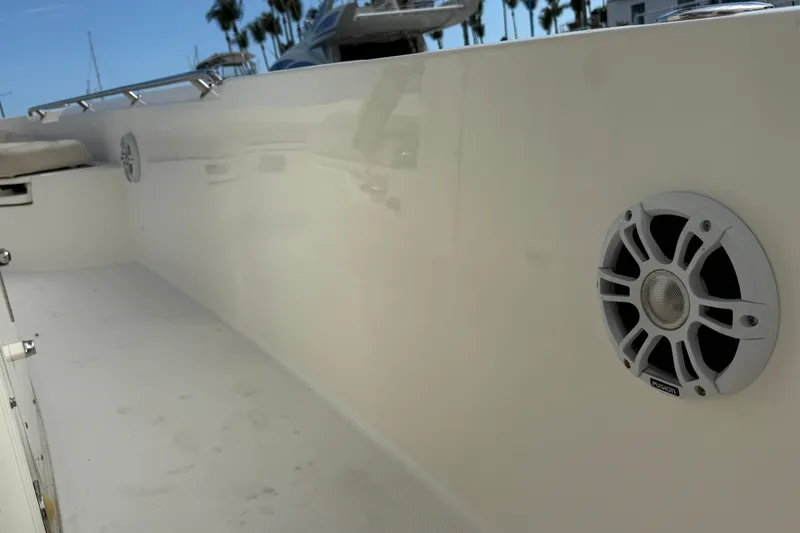 Slide: The Image of 2018 Boston Whaler 270 Dauntless boat interior with speaker and railing detail. - 21