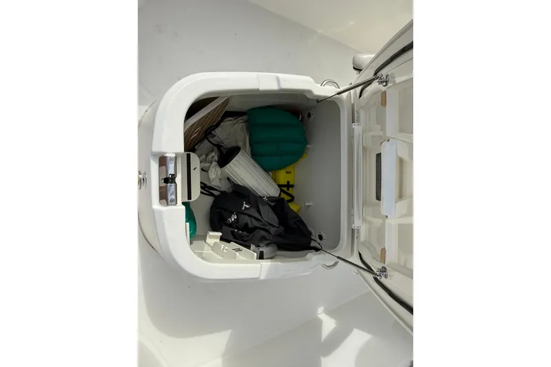 Slide: The Image of Storage compartment of a 2018 Boston Whaler 270 Dauntless, containing various boating gear. - 23