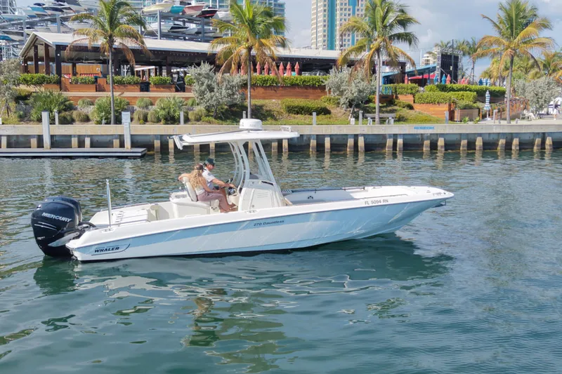 Slide: The Image of 2018 Boston Whaler 270 Dauntless boat cruising near a waterfront with palm trees. - 3