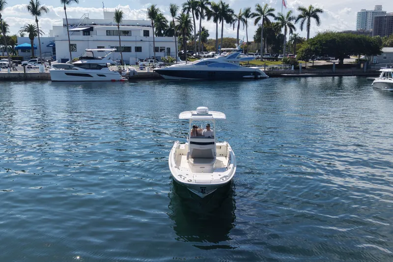 Slide: The Image of 2018 Boston Whaler 270 Dauntless boat on calm water near marina with palm trees. - 5