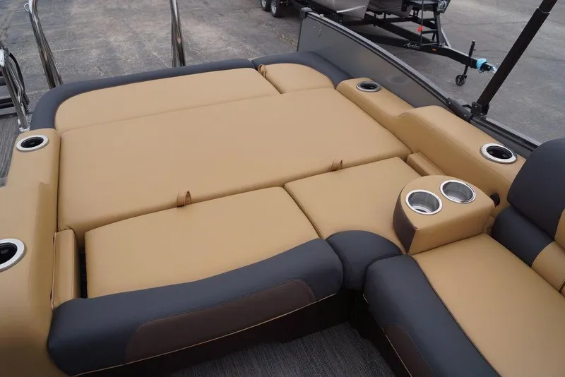 Slide: The Image of 2026 Avalon Catalina Versatile Rear Bench with cup holders and tan upholstery. - 20