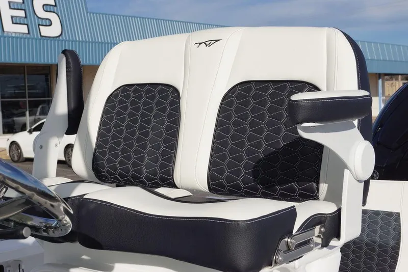 Slide: The Image of 2026 Tidewater 2410 Bay Max boat seat with stylish black and white upholstery. - 18