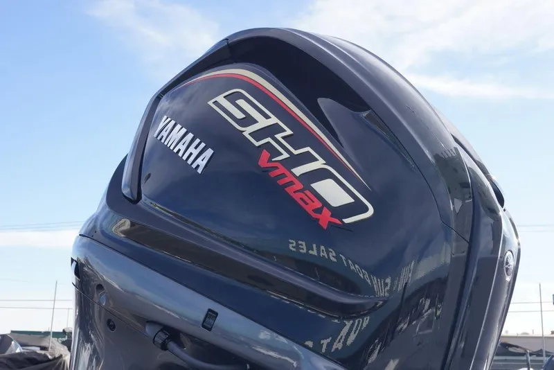 Slide: The Image of Yamaha SHO VMAX engine on 2026 Tidewater 2410 Bay Max boat, clear sky background. - 9