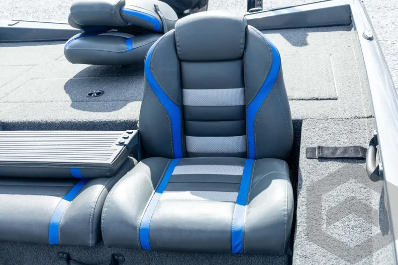 Slide: The Image of 2020 Ranger RT188P boat seat with gray and blue accents, featuring a modern design. - 41