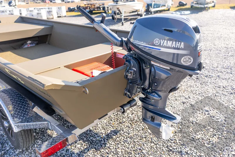 Slide: The Image of 2026 G3 Gator Tough 1548 VBW boat with Yamaha outboard motor on gravel. - 17