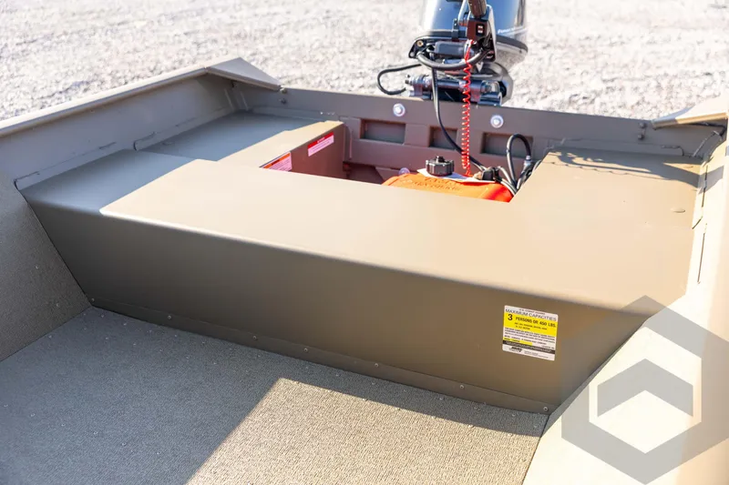 Slide: The Image of 2026 G3 Gator Tough 1548 VBW boat interior with motor and fuel tank. - 30