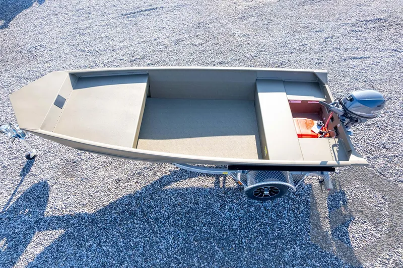 Slide: The Image of 2026 G3 Gator Tough 1548 VBW boat on trailer, gravel background. - 39