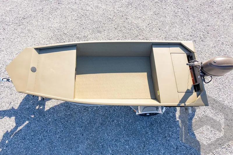 Slide: The Image of 2026 G3 Gator Tough 1652 VBW boat on gravel, top view. - 32