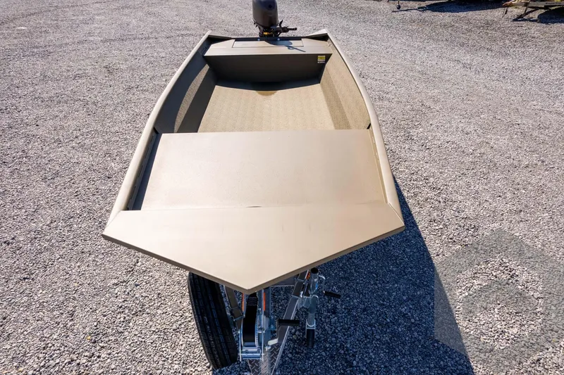 Slide: The Image of 2026 G3 Gator Tough 1860 VBW boat on gravel surface, front view. - 42